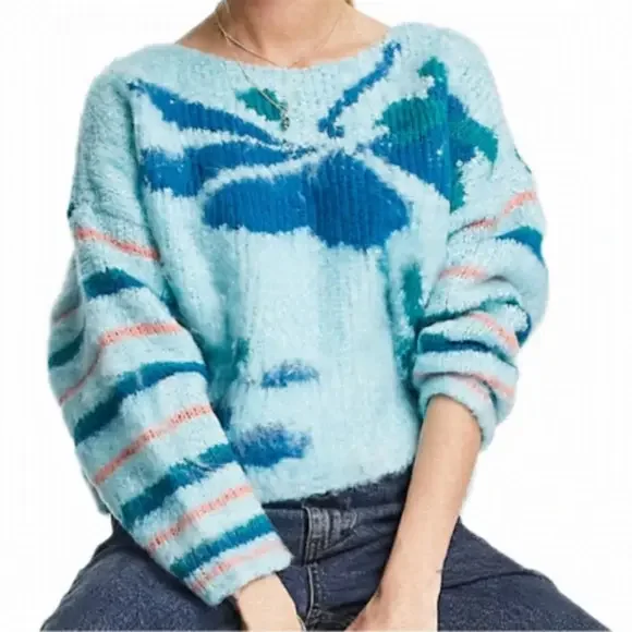 NWT Free People Lily Mixed Print Cropped Sweater, Sky Blue, Size XS - Picture 1 of 11